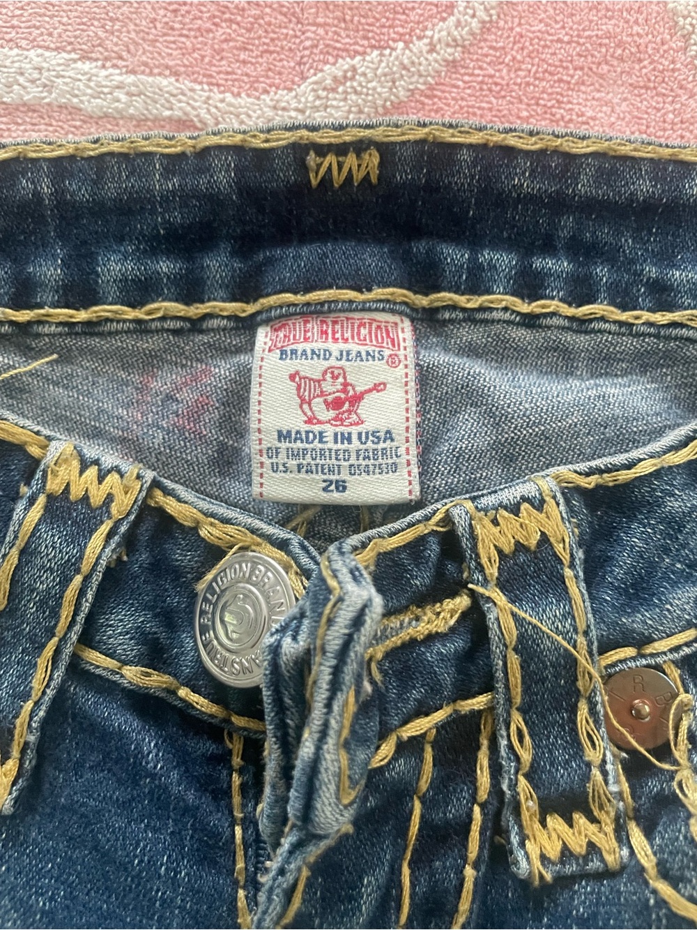 True Religion Women's Blue Straight Leg Jeans with Yellow Stitching